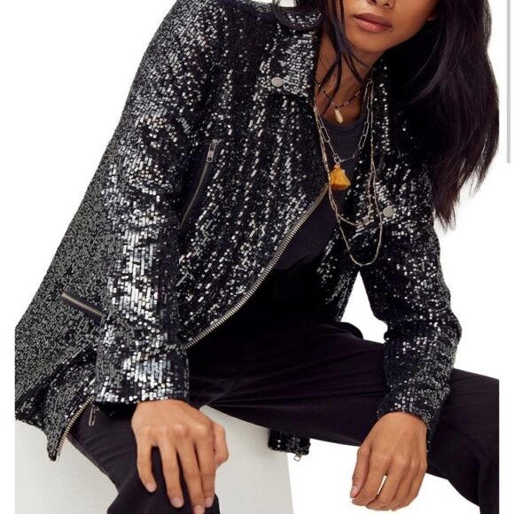 We The Free Jackets & Blazers - We The Free Midnight Message Black/Sliver Sequin Jacket Small